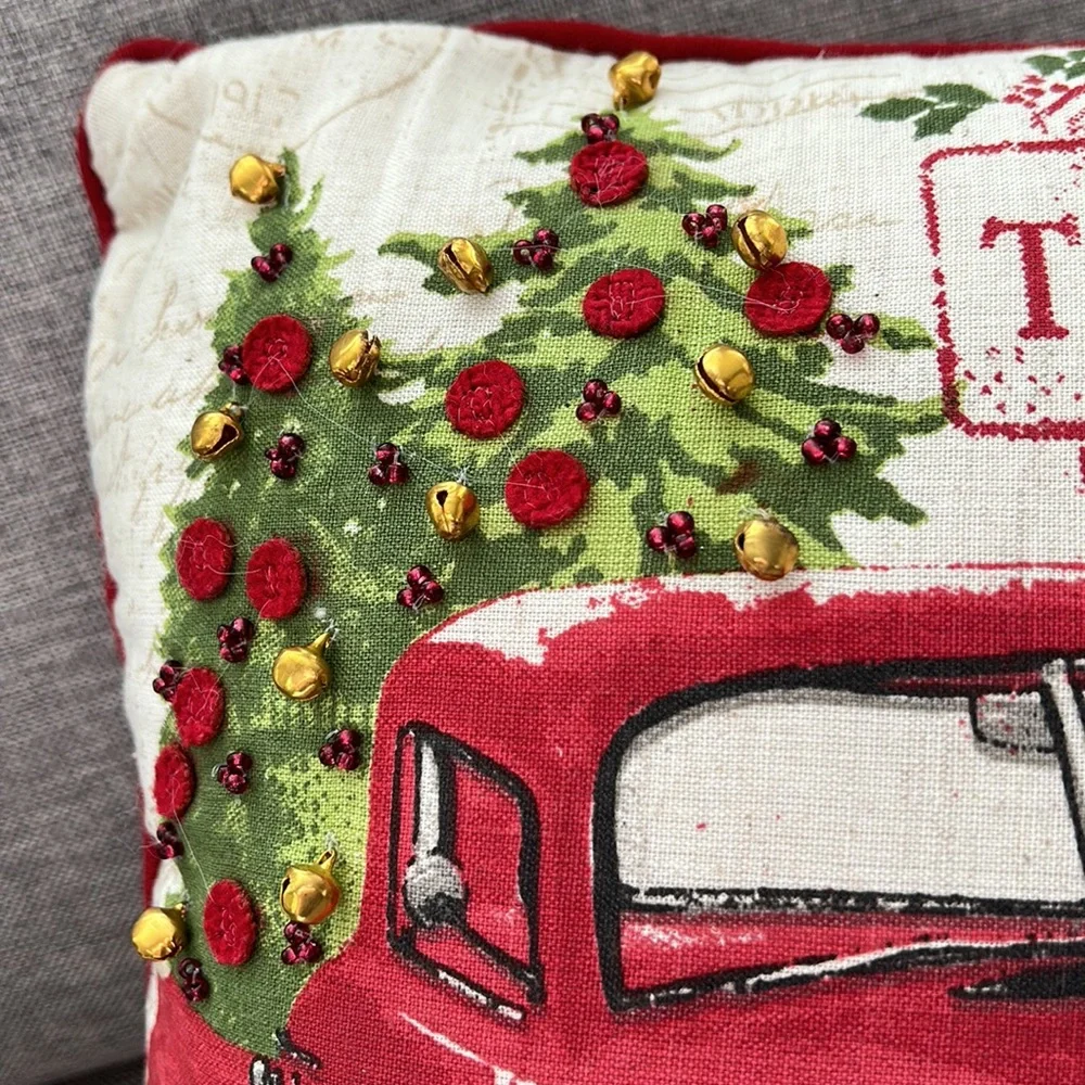 Vintage Inspired Christmas Holiday Pillow with vintage red truck & jingle bells